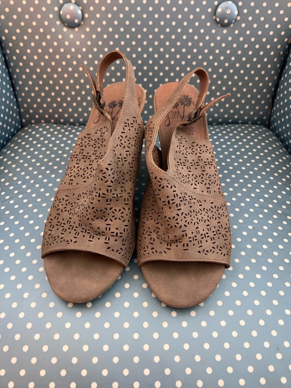 Jellypop Taupe Laser-Cut Peep-Toe Slingback Heels - Picture 2 of 8